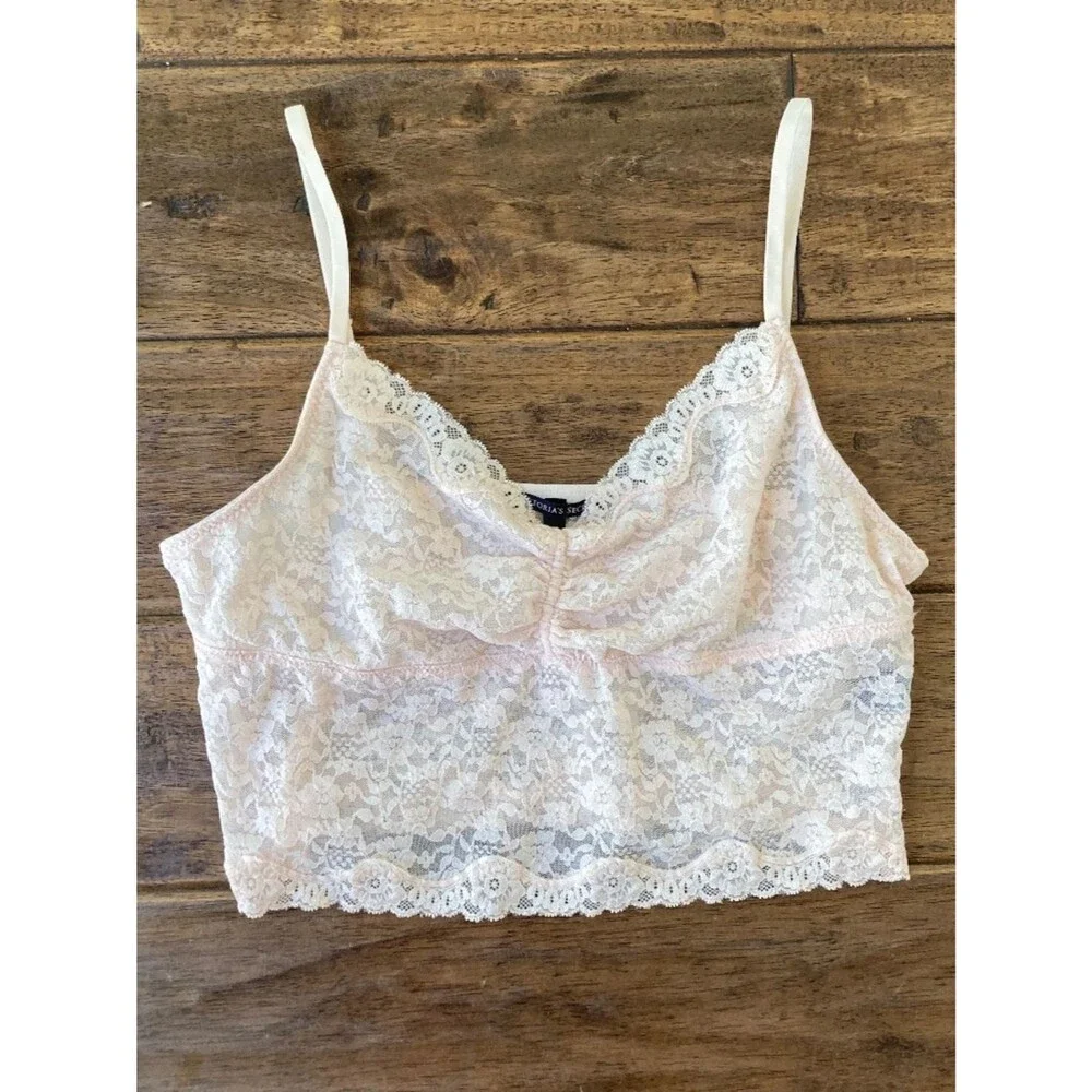 Victoria's Secret Pink Cream Lace Longline Bralette Women's Large Coquette